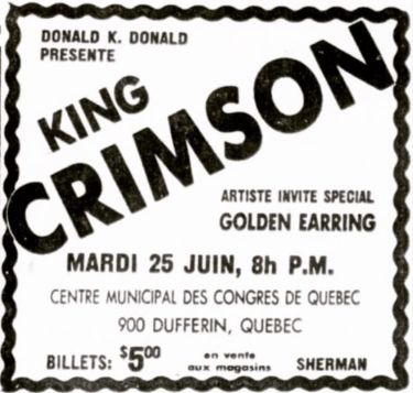 King Crimson with special guest Golden Earring show ad June 25 1974 Quebec (Canada) - Centre Municipal Des Congres